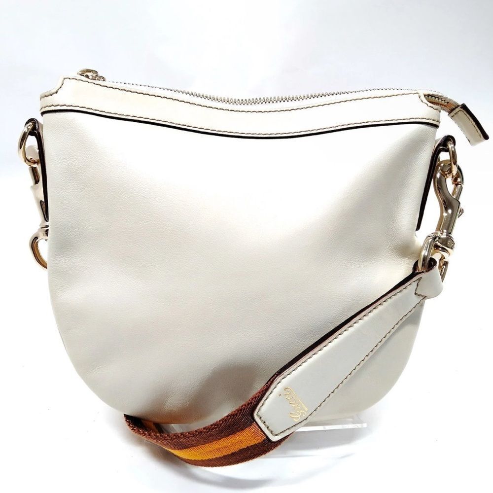 Authentic Gucci White Leather Web Strap Small Hobo Messenger Bag Clutch Ex+